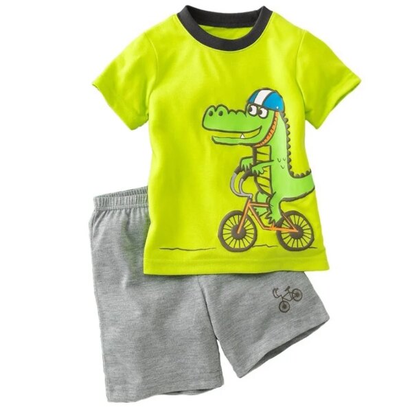 Green Crocodile Baby Boy Clothes Set Bike Children Tee Shirts Pants Suits Kids Outfit 100% Cotton Tops Panties 2 3 4 5 6 7 Years