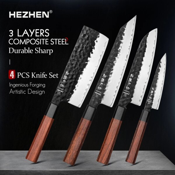 HEZHEN 1-4PC Kitchen Knife Set Slicing Stainless Steel Composite Steel Chef Santoku Nakiri Utility Red Wood Handle Gift Box