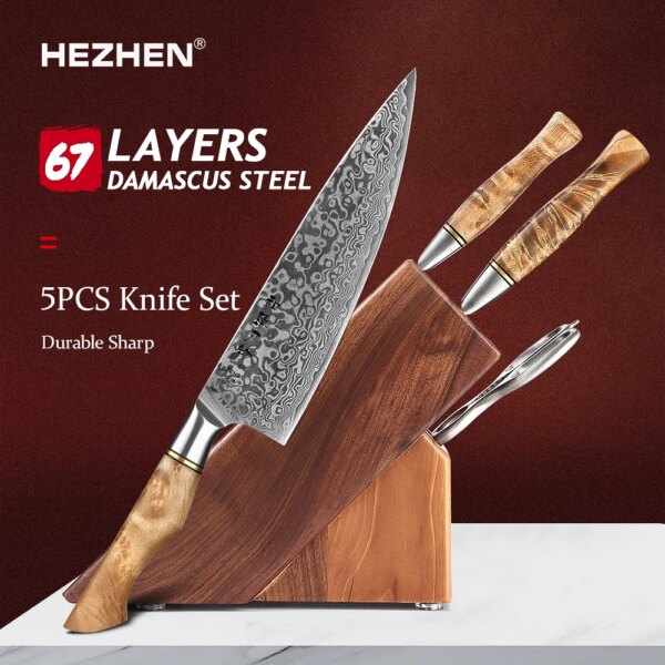 HEZHEN 5PCS Knife Sets Master Series High Quality Figured Sycamore Wood Handle Kitchen tool Walnut scissors Utility Chef Holder