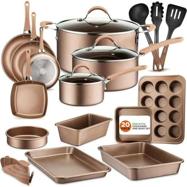 Kitchen Cookware Set Oven Pot Frying Pans Metallic Nonstick Ceramic Cookware and Bakeware Set With Saucepan Bronze (20 Pack) Bar