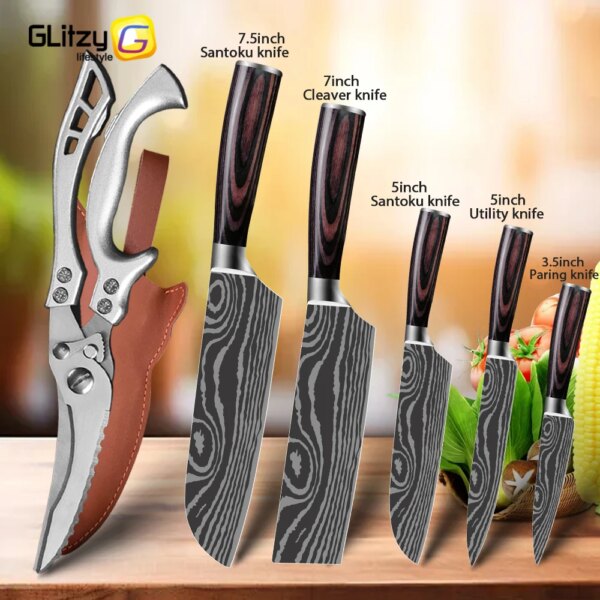 Kitchen Knife 7CR17 Damascus Laser Japanese Chef Knives with Scissors Set Santoku Meat Cleaver Cooking Tool for Fish Vegetables