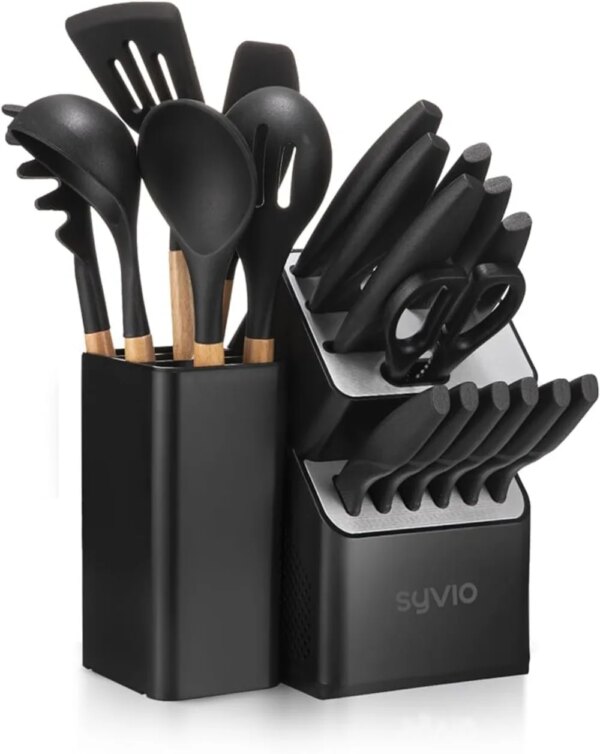 Knife Set 21-in-1 Kitchen Set Black with 12PCS Kitchen Knife Set, 6PCS Cooking Utensils Set 1PCS Utensil Holder