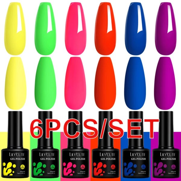 LILYCUTE 6Pcs/Set Fluorescent Gel Nail Polish Spring Summer Neon Color Semi Permanent Soak Off UV Nail Art Gel Varnish Kits