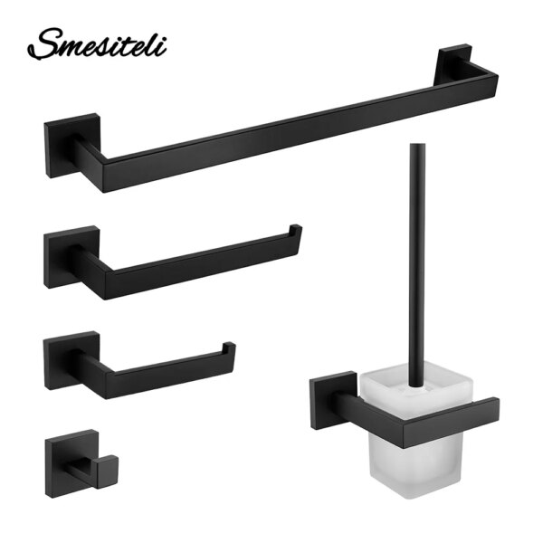 Matt Black Bathroom Hardware Set Kit Accessories Wall Shelf Towel Bar Rack Rail Robe Hanger Toilet Brush Roll Paper Holder Dish