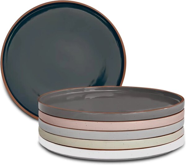 Mora Ceramic Flat Dinner Plates Set of 6, 10.5 in High Edge Dish Set - Microwave, Oven, and Dishwasher Safe, Scratch Resistant,