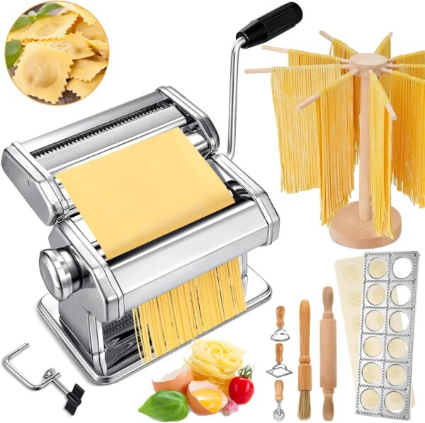 Pasta Maker Machine Set Including Stainless Steel Noodle Maker Machine Wood Pasta Drying Rack Ravioli Stamp Maker Cutter w