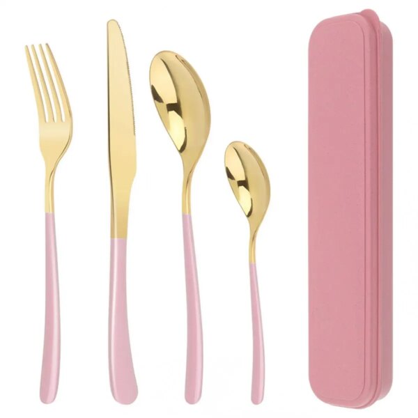 Portable Stainless Steel Pink Flatware Set with Tableware Box for Home Daily Buffet Gathering Camping Canteen