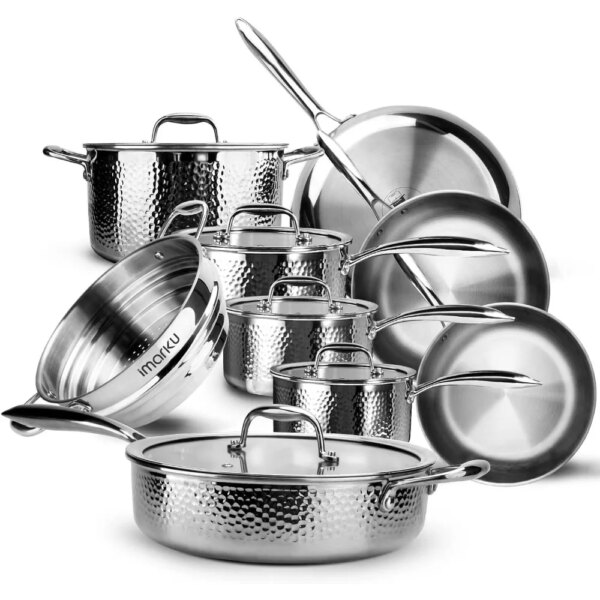 Pots and Pans Set, 14PCS Kitchen Cookware Sets Tri-Ply Clad Stainless Steel with Hangered Handle and Lids, Suits Ceramic