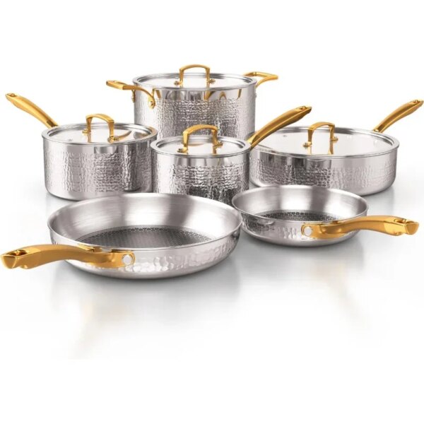 Pots and Pans Set, Tri-Ply Stainless Steel Hammered Kitchen Cookware, Induction Compatible, Dishwasher and Oven Safe, Non-Toxic,