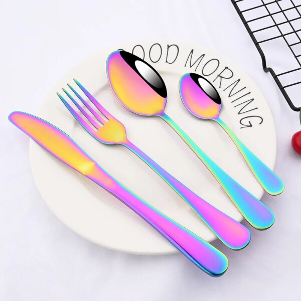 Promotion Dinnerware Set Stainless Steel Colorful Rainbow Gold Knife Fork Teaspoon Dishwasher Safe Silverware Cutlery Set