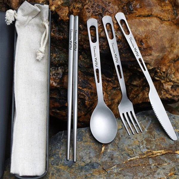 Pure Titanium Tableware Set Outdoor Household Frosted Knife And Fork Spoon Chopsticks Travel Camping Portable Knife And Fork Set