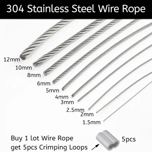 QBest 5m/10m 0.8-4mm Diameter 7X7 7X19 Structure 304 stainless steel wire rope thin cable softer fishing lifting cable