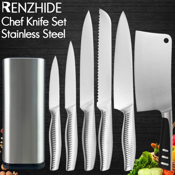 RZD Chef Knife Set Stainless Steel Japanese Kitchen Santoku Knife Holder Storage Stand Meat Cleaver Chopping Knife Accessory