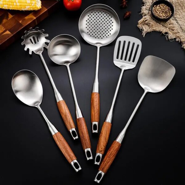 Rosewood Handle Stainless Steel Cookware Set Kitchen Durable Wok Spatula Colander Shovel Cooking Utensil Kitchenware Accessories