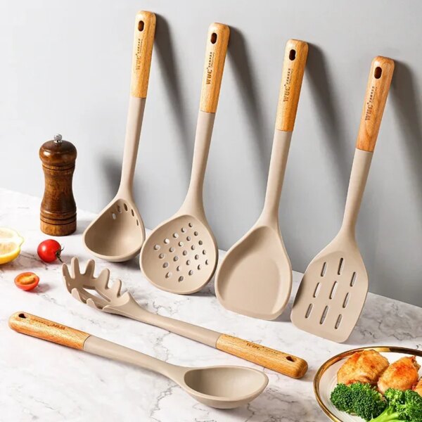 Silicone Wooden Handle Kitchenware Spatula Colander Modern Minimalist Non-stick Cookware Kitchen Cooking Baking Tools