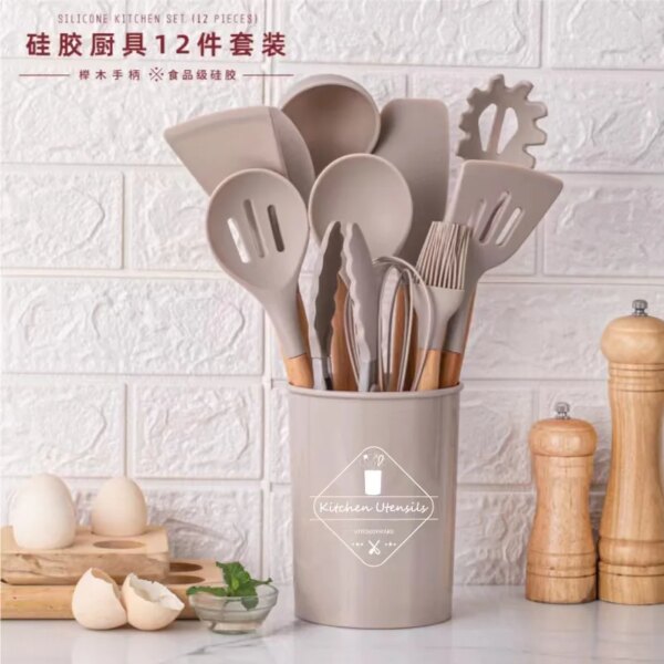 Silicone cookware with wooden handle 12 piece set of storage barreled Non-stick surface kitchen tools cooking shovel set