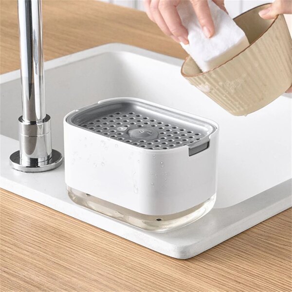 Soap Dispenser with Sponge Holder Cleaning Liquid Pump Dispenser Manual Press Soap Dispensing Box Kitchen Dish Soap Container