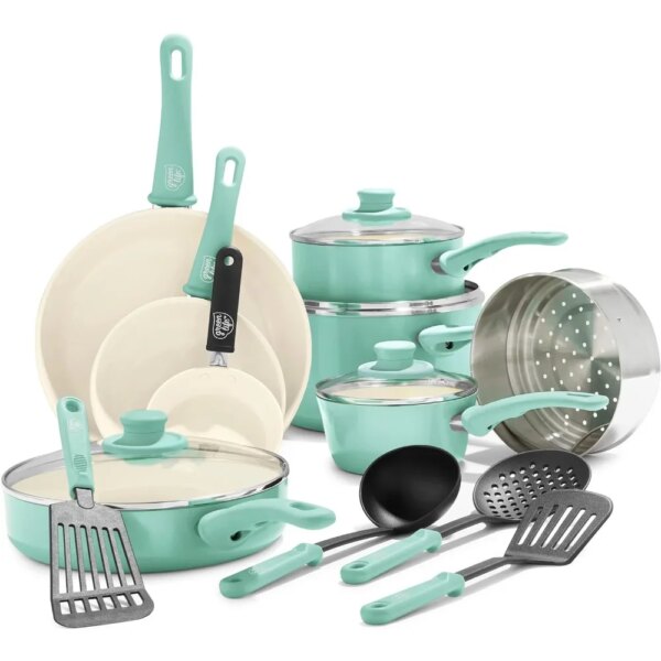 Soft Grip Healthy Ceramic Nonstick 16 Piece Kitchen Cookware Pots and Frying Sauce Pans Set,PFAS-Free,Dishwasher Safe, Turquoise