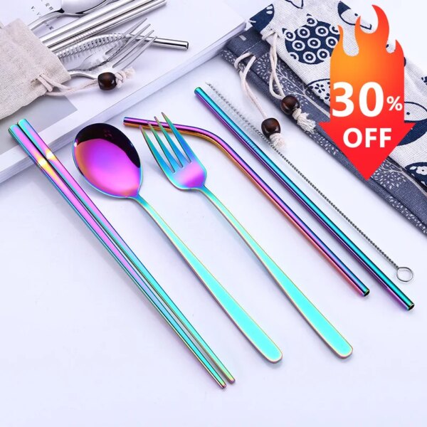 Stainless Steel Dinnerware Set Spoon Fork Chopsticks Straw With Cloth Pack Cutlery For Travel Outdoor Office Picnic BBQ