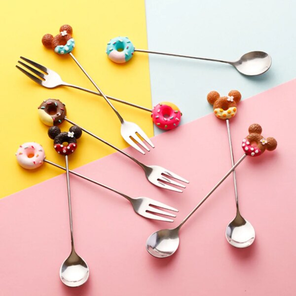 Stainless Steel Doughnut Spoon Fork Cake Coffee Dessert Tea Ice Cream Stirring Spoon Candy Cute Cartoon Teaspoon Kids Dinnerware