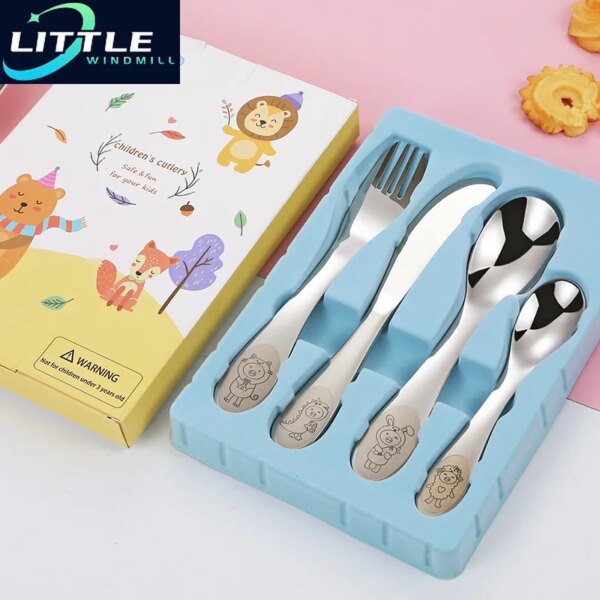 Stainless Steel Kid Cutlery Cartoon Pattern Carving Children Tableware Western-style Spoon Fork Set Baby Flatware Dinnerware