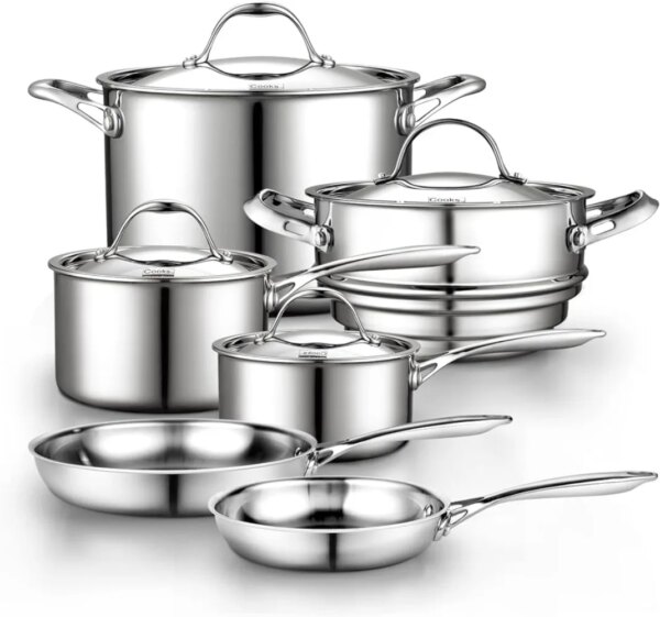 Stainless Steel Kitchen Cookware Sets 10-Piece Multi-Ply Full Clad Pots and Pans Cooking Set with Handles Dishwasher Safe