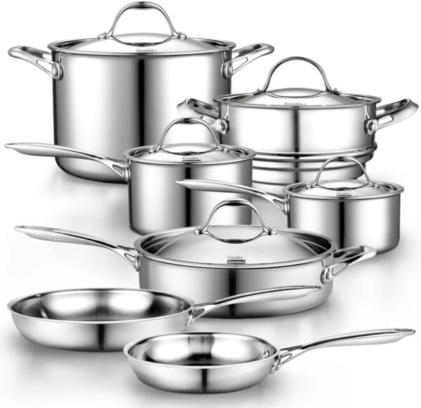 Stainless Steel Kitchen Cookware Sets 12-Piece Multi-Ply Full Clad Pots and Pans Cooking Set with Stay-Cool Handles