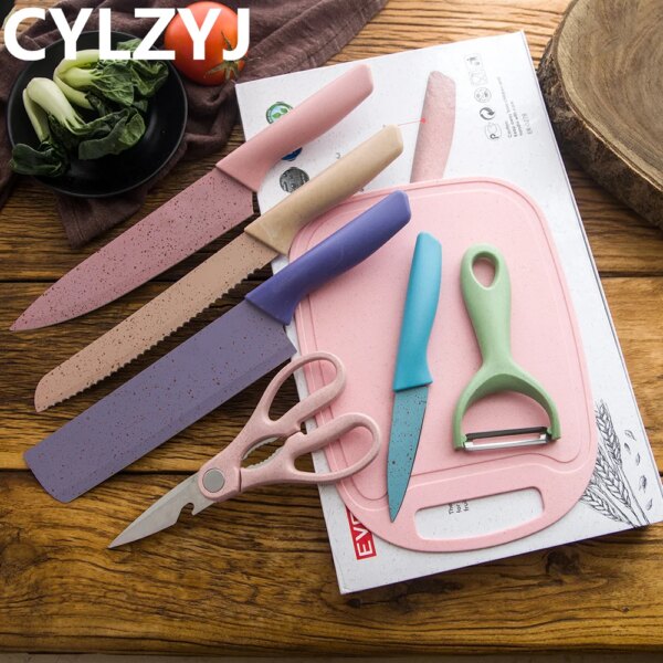 Stainless Steel Kitchen Knives 7 Piece Set Sharp Colorful Blade ABS+TPR Handle Knife Meat Fish Fruit Chopping Block Accessories