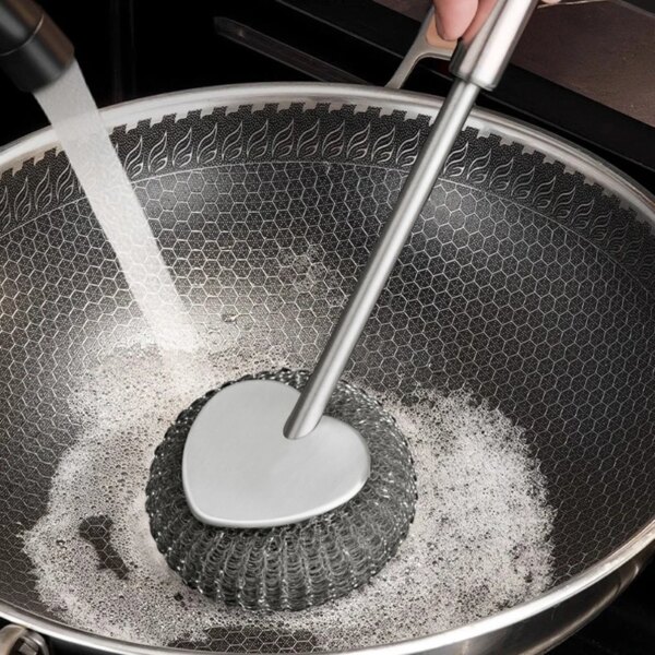 Stainless Steel Scrubber Dish Scrub Brush Household Cooktop Wire Brush Long Handle Cleaning Brush Kitchen Pot Brush