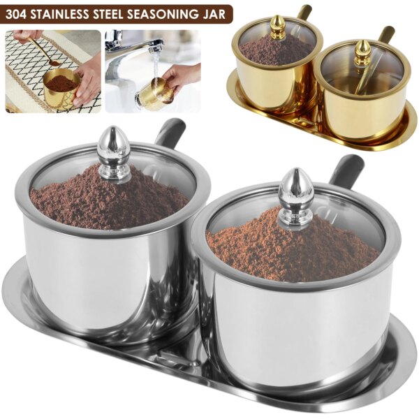 Stainless Steel Sugar Bowl Set with Glass Lid Spoon Rustproof Seasoning Box Round Condiment Pots Sugar Container Seasoning Jar