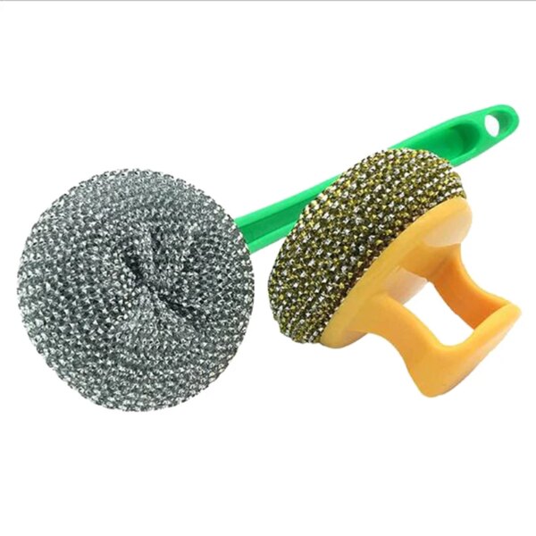 Steel wire ball brush, long handle pan cleaning dishwashing stainless kitchen cleaner