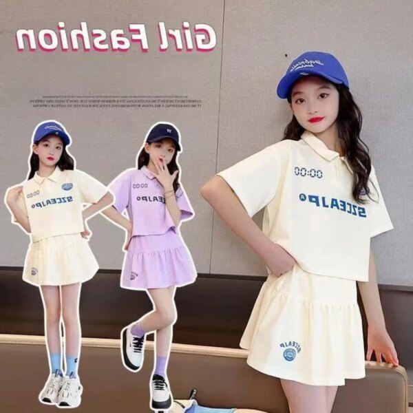 Summer Teenage Girl Clothes Set Children Letter Print Lapel Tshirt and Skirts Suit Kid Short Sleeve Polo Top Bottom Tracksuit