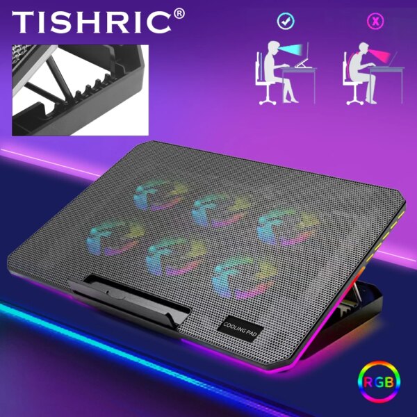 TISHRIC Six Fan Speed Regulation Gaming Laptop Cooler Heat Sink 10RGB Breathing LEDS Suit for 12-17 inch Laptop Stand Holder