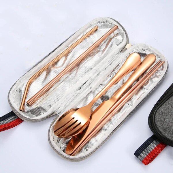 Tableware Reusable Travel Cutlery Set Camp Utensils  with Stainless Steel Spoon Fork Chopsticks Straw Portable Case