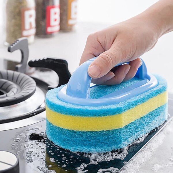 Thickening Cleaning Brush With Handle Kitchen Sponge Wipe Bathroom Tile Bathtub Cleaning Sponge Home Stain Removal Clean Tools