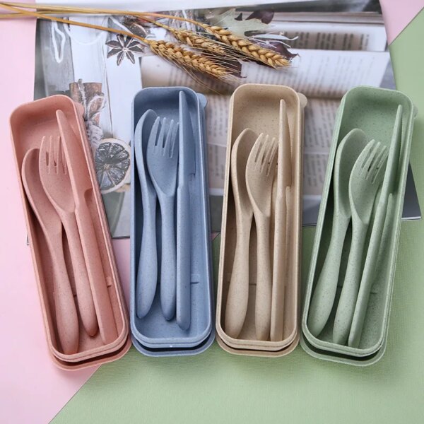 Three-piece Set Wheat Tableware Wheat Straw Portable Cutlery Box Set Plastic Cutlery Students Children Office Workers