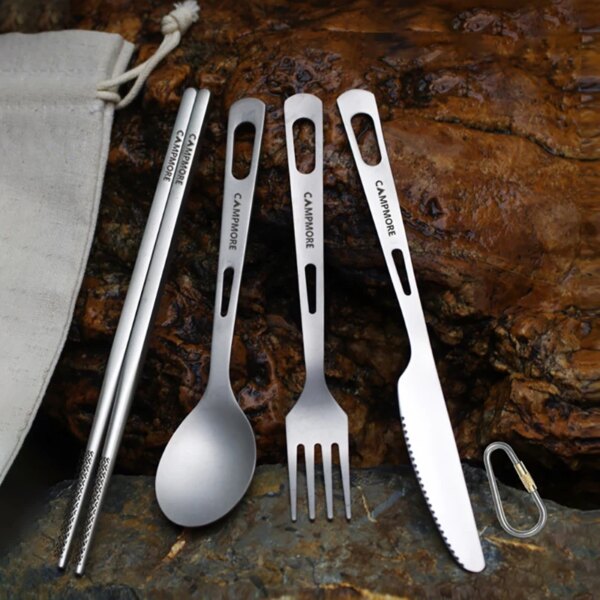 Titanium Tableware Ultralight Outdoor Portable Knife Fork Spoon Cutlery Camping Equipment Family Hiking Travel Flatware Set