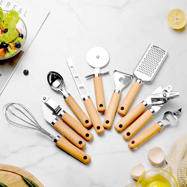 Wooden Handle Kitchen Gadget Set Stainless Steel Utensils Can Opener Peeler Garlic Press Cheese Grater Whisk Kitchen Accessories