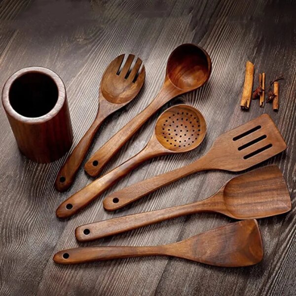 Wooden Spoons Cooking Set, Wooden Utensils for Cooking with Utensils Holder, Teak Wooden Kitchen Utensils Set 5/6/7PCS