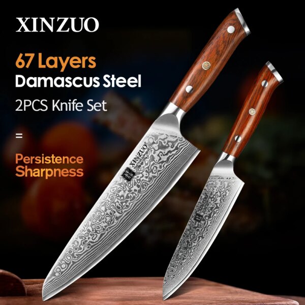 XINZUO 2PCS Chef Kitchen Knife Set VG10 Damascus Steel Chef Utility Knives Rosewood Handle Best Quality Kitchen Cooking Tools