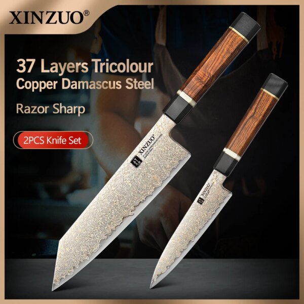 XINZUO 2PCS Cutlery Sets Tricolour Copper Damascus Steel Japan Style Kitchen Knives Chef Utility Knives New and Unique Design