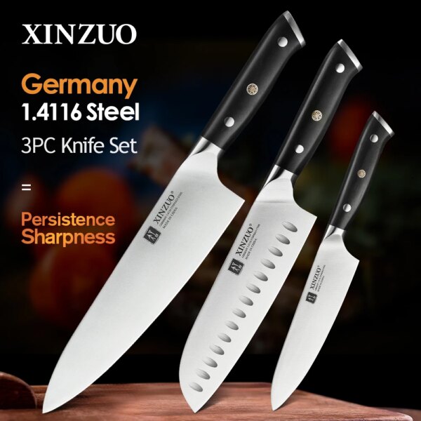 XINZUO 3pcs Kitchen Knives Set High Carbon Din 1.4116 Stainless Steel 8.5 in Chef  7 in Santoku 5 in Utility Knives Ebony Handle