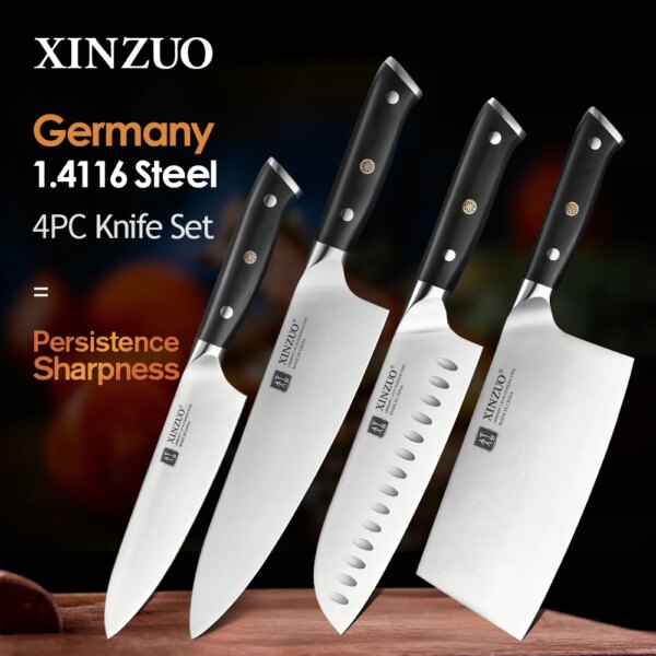 XINZUO 4PCS Chef Cleaver Santoku Utility Knives Set High Carbon Din 1.4116 Stainless Steel New Kitchen Knives with Ebony Handle