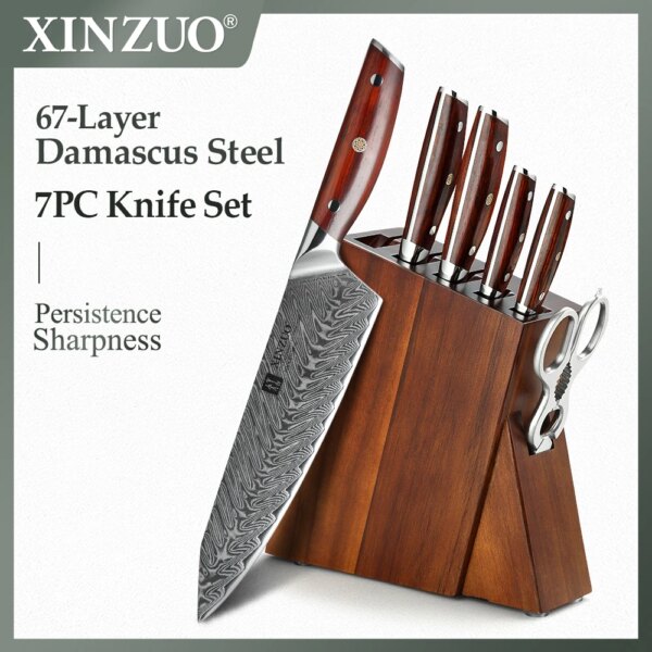 XINZUO 7PCS Knife Set Damascus Stainless Steel Kitchen Knives Kitchen Scissors Chef High Quality Acacia Wood Knife Block Holder