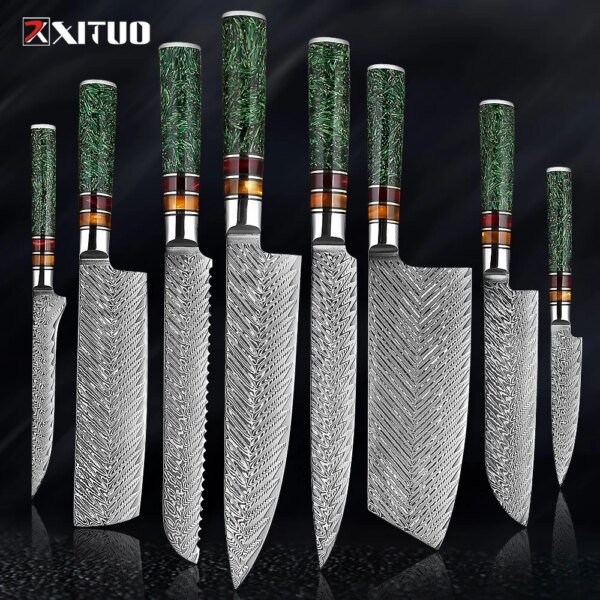 XITUO 1-8 Piece 67 Layers Damascus Steel Kitchen Knives Sharp Cut Food Multipurpose Green Grain Shell Resin Handle Kitchen Knife