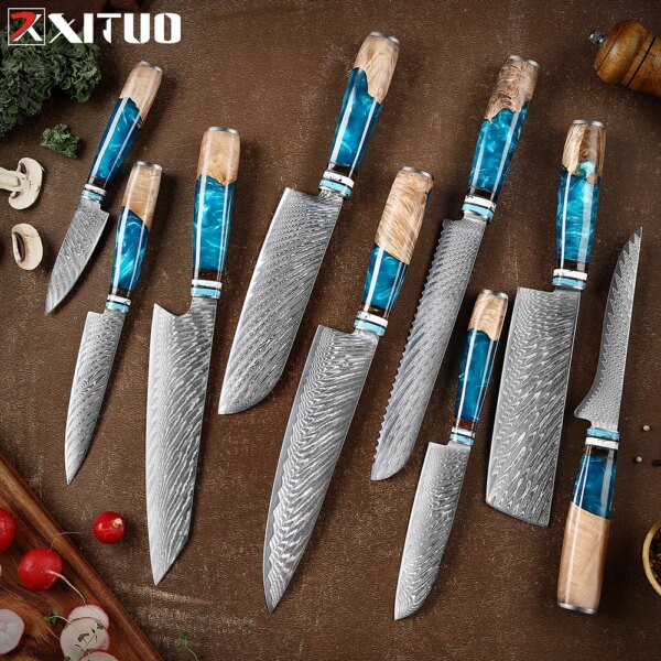 XITUO Damascus Steel Chef Knife Sharp 67 layers Japanese Kitchen Knives Set 1-9pcs Handmade Slicing Bread Boning Paring Tools