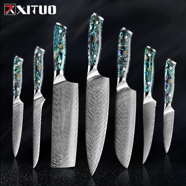 XITUO Damascus Steel knife Set 1-5 PCS Kitchen Tools Chef Knife Japanese Santoku Knives Boning knife Exquisite Shell Handle New