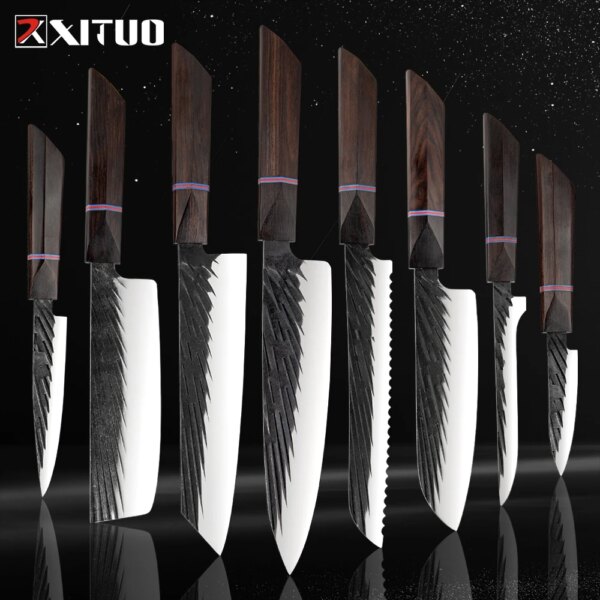 XITUO Kitchen knives Handmade Forged Japanese Sharp Chef Knife 440C Steel Cleaver Kiritsuke Santoku Utility Paring Knife