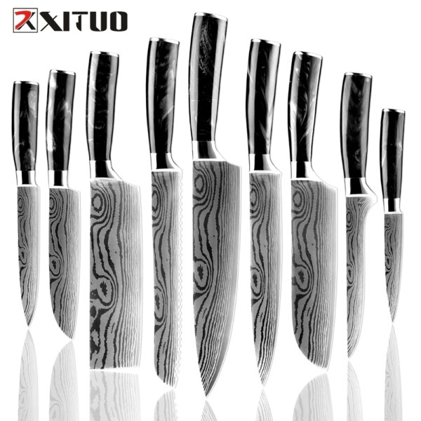 XITUO kitchen knives 1-9 Pcs Set Chef knives Laser Damascus pattern Sharp Santoku Cleaver Slicing Utility Fruit Knives Cooking