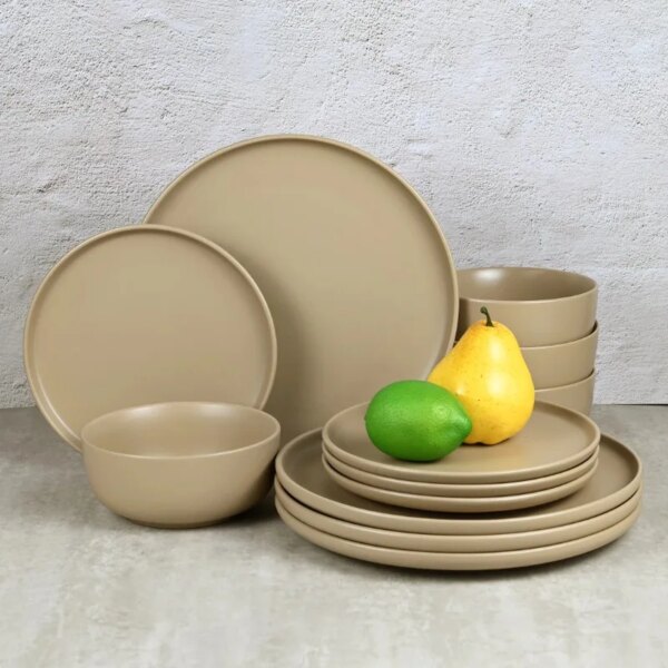 XMSJ plates Brown 12-Piece Stoneware Dinnerware Set Dishes